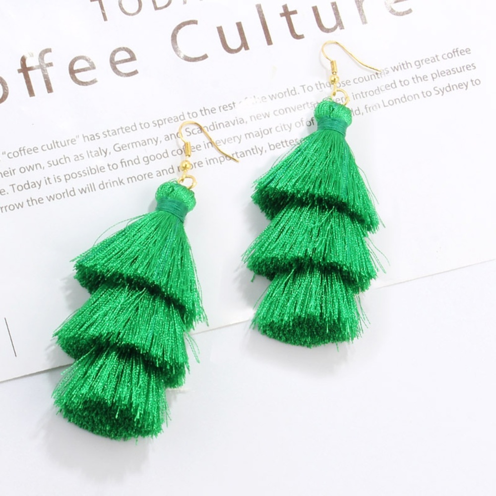 Three-Layer Hook-Style Tassel Earrings Green